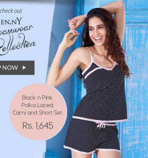 Penny Dreamwear Black n Pink Polka Laced Cami and Short Set.