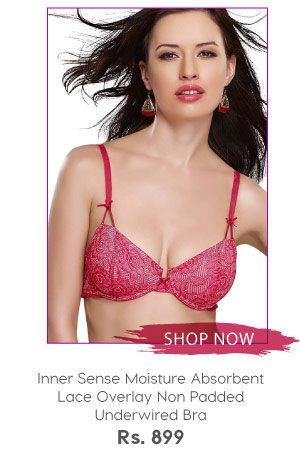 Inner Sense Moisture Absorbent Lace Overlay Non Padded Underwired Bra.