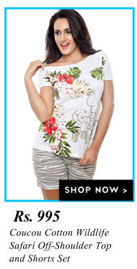 Coucou Cotton Wildlife Safari Off-Shoulder Top and Shorts Set.