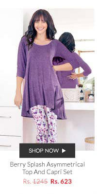 Enamor Inaya Berry Splash Asymmetrical Top And Capri Set.