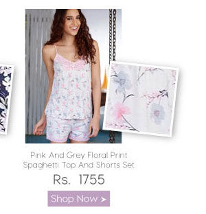 Penny Dreamwear Pink And Grey Floral Print Spaghetti Top And Shorts Set