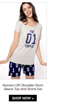 Coucou Numero Off-Shoulder Short Sleeve Top and Shorts Set - Navy.