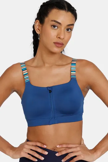 Buy Zelocity High Impact Quick Dry Front Opening Multicolor Strap Sports Bra  - Set Sail at Rs.1377 online