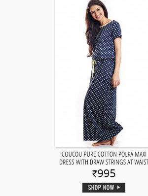 Coucou Pure Cotton Polka Maxi Dress With Draw Strings At Waist.