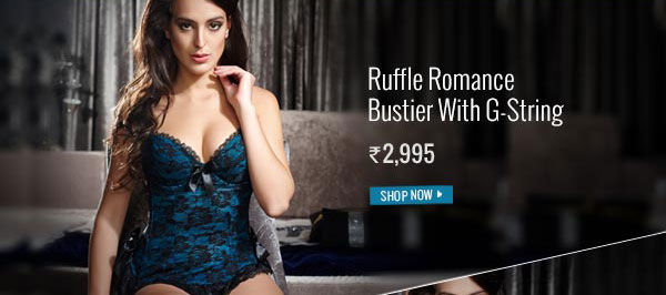 Penny Ruffle Romance Bustier With G-String - Midnight Blue.