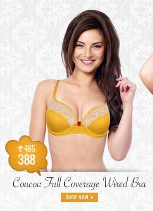 Coucou Comfort Cup Full Coverage Wired Yellow Bra with Lace Overlay.