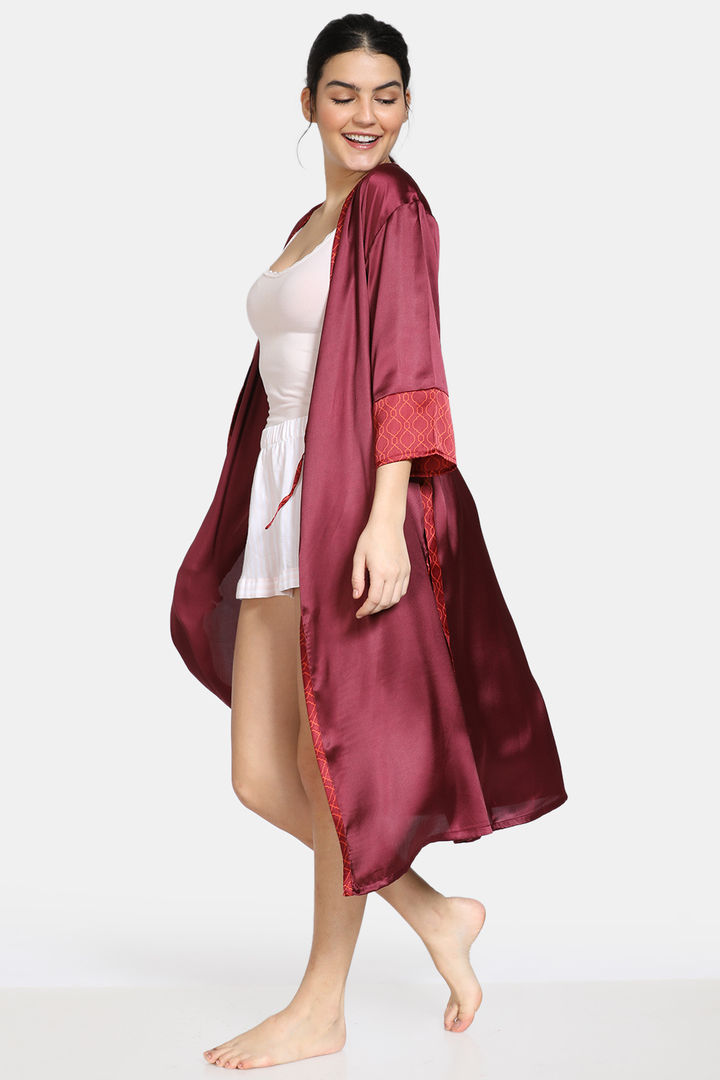 Zivame Plum Sangria Poly Satin Mid Calf Length Sleep Robe