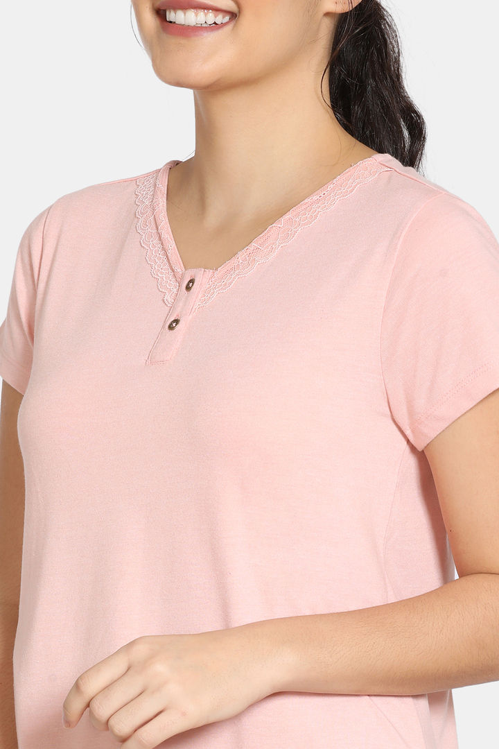 Zivame Summer Blush Poly Knit Cotton Knee Length Night Dress