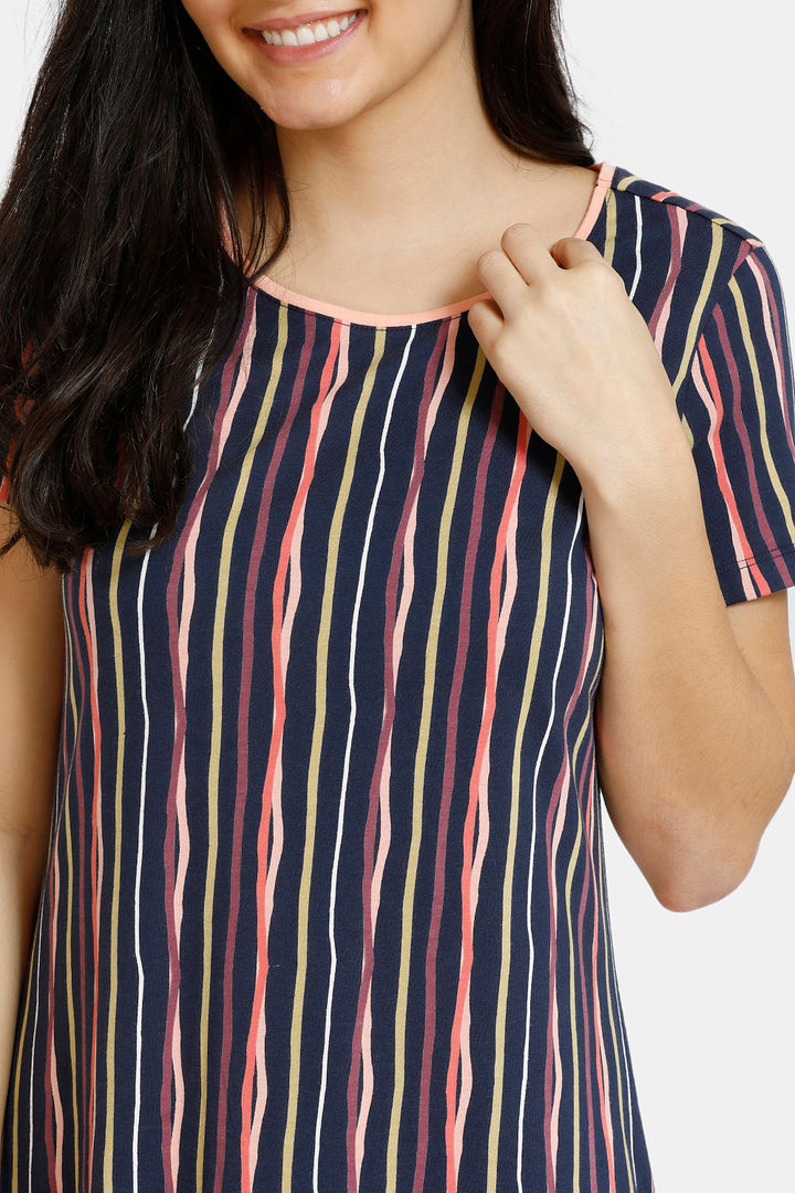 Zivame Stripes And Fun Knit Cotton Mid Length Nightdress