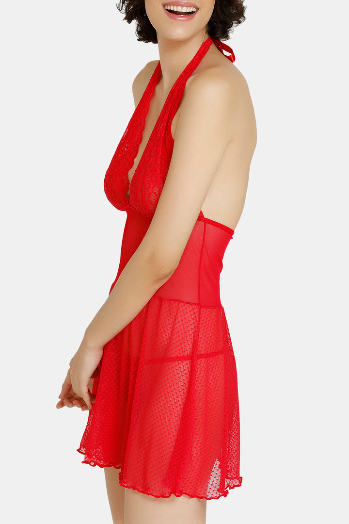 Zivame Lace N Dotted Mesh Babydoll