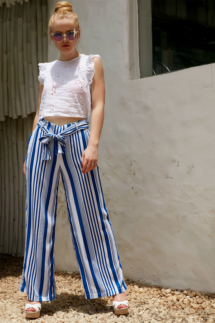 Zephyr Stripe Printed Flared Pants Navy N White