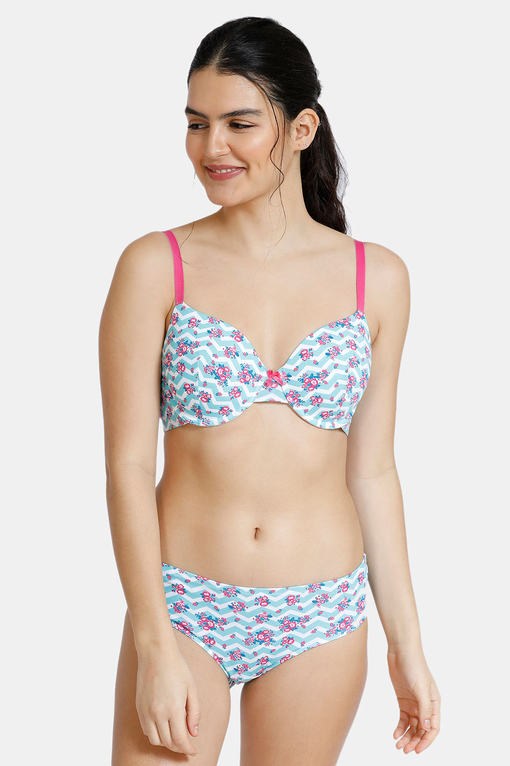 Buy Zivame Whimsical Padded Wired T-Shirt Bra With Medium Rise Hipster Panty - Floral Chevron Pt