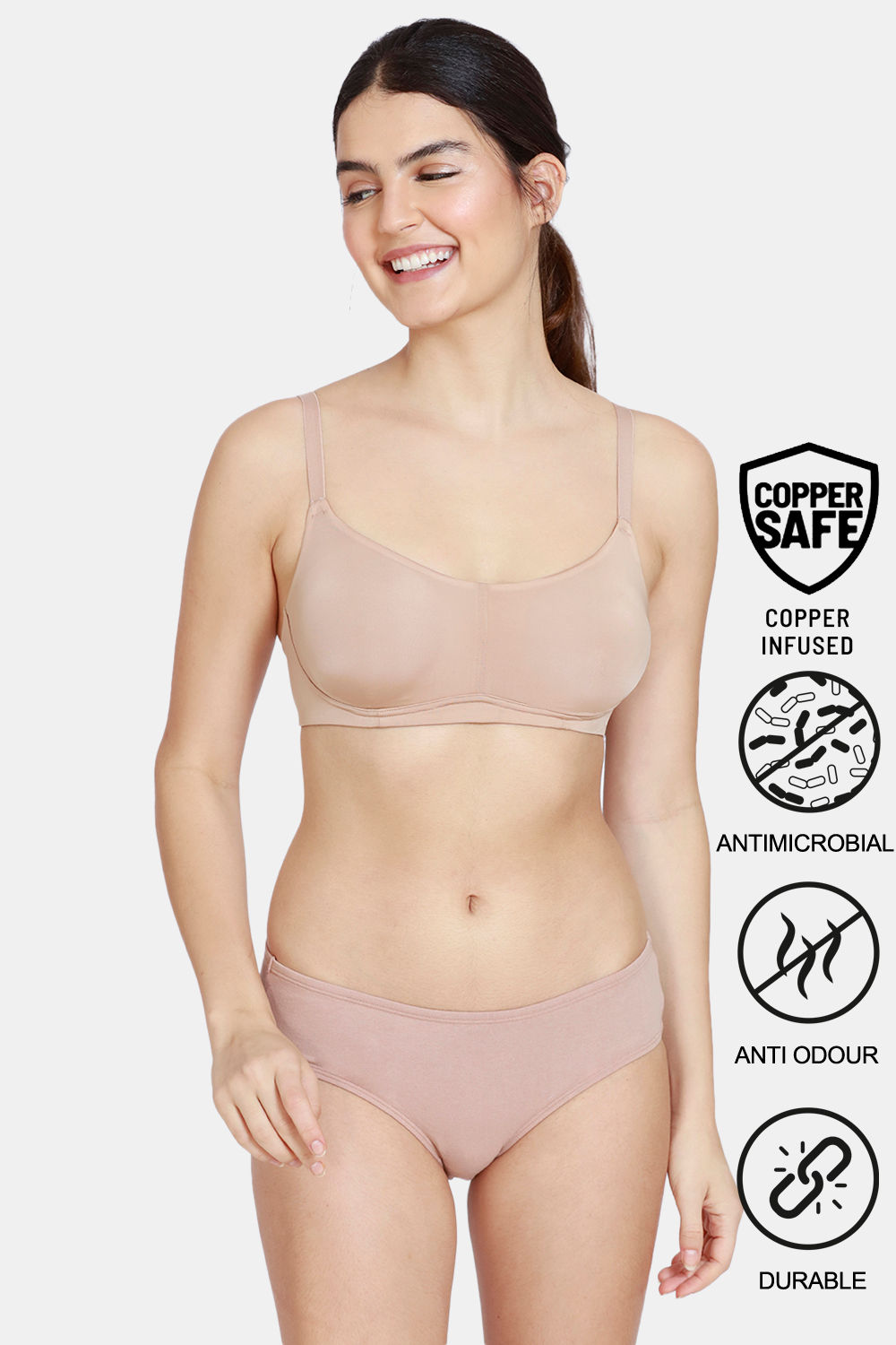 Buy Zivame Copper Infused Double Layered Non-Wired 3/4Th Coverage T-Shirt Bra With Low Rise Panty - Roebuck