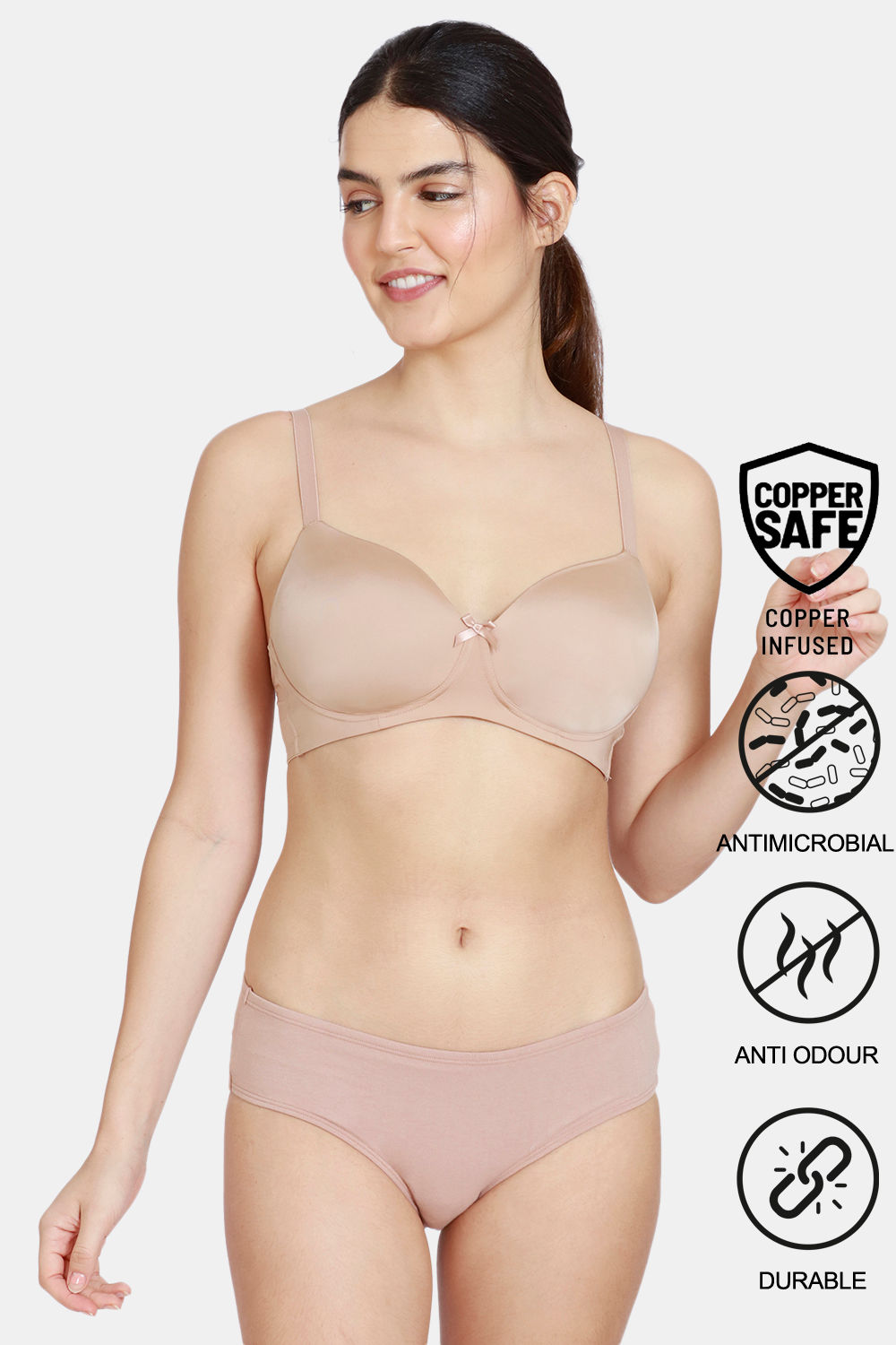 Buy Zivame Copper Infused Padded Non-Wired 3/4Th Coverage T-Shirt Bra With Low Rise Panty - Roebuck