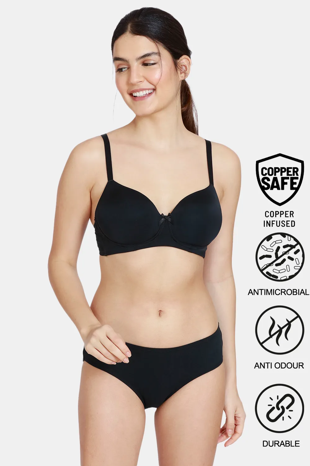 Buy Zivame Copper Infused Padded Non-Wired 3/4Th Coverage T-Shirt Bra With Low Rise Panty - Anthracite