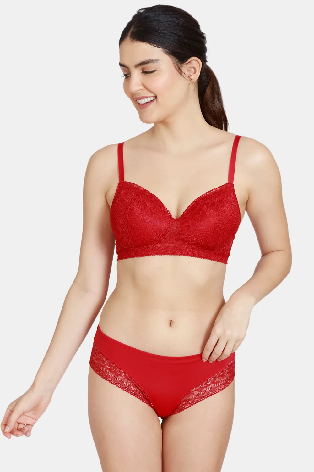 Zivame Love Stories Padded Non Wired 3/4Th Coverage Lace Bra With Mid Rise  Panty - Chilli Pepper