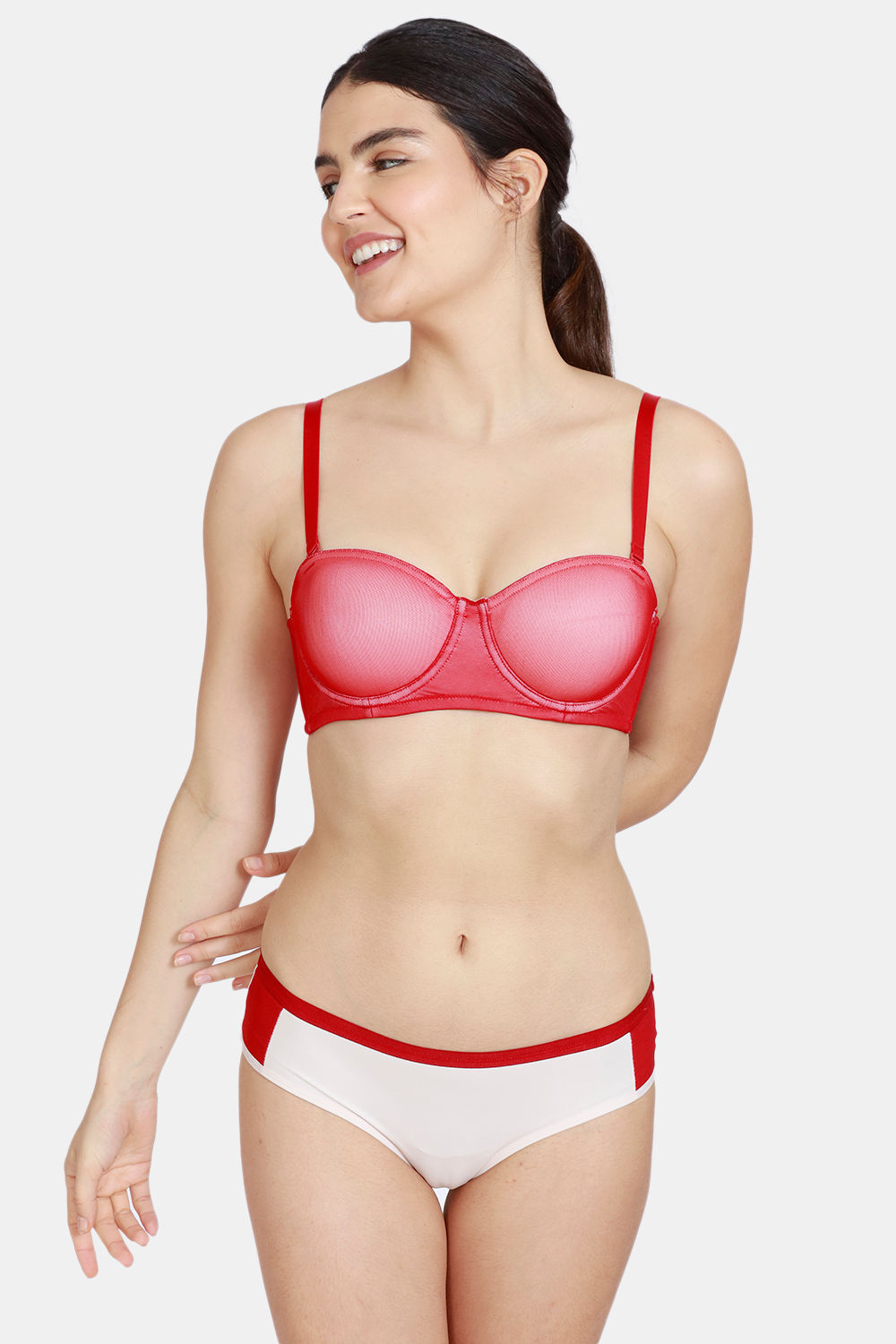 Zivame Abstract Colourplay Mesh Padded Non Wired 3/4th Coverage Strapless  Bra With Low Rise Panty - Barbados Cherry
