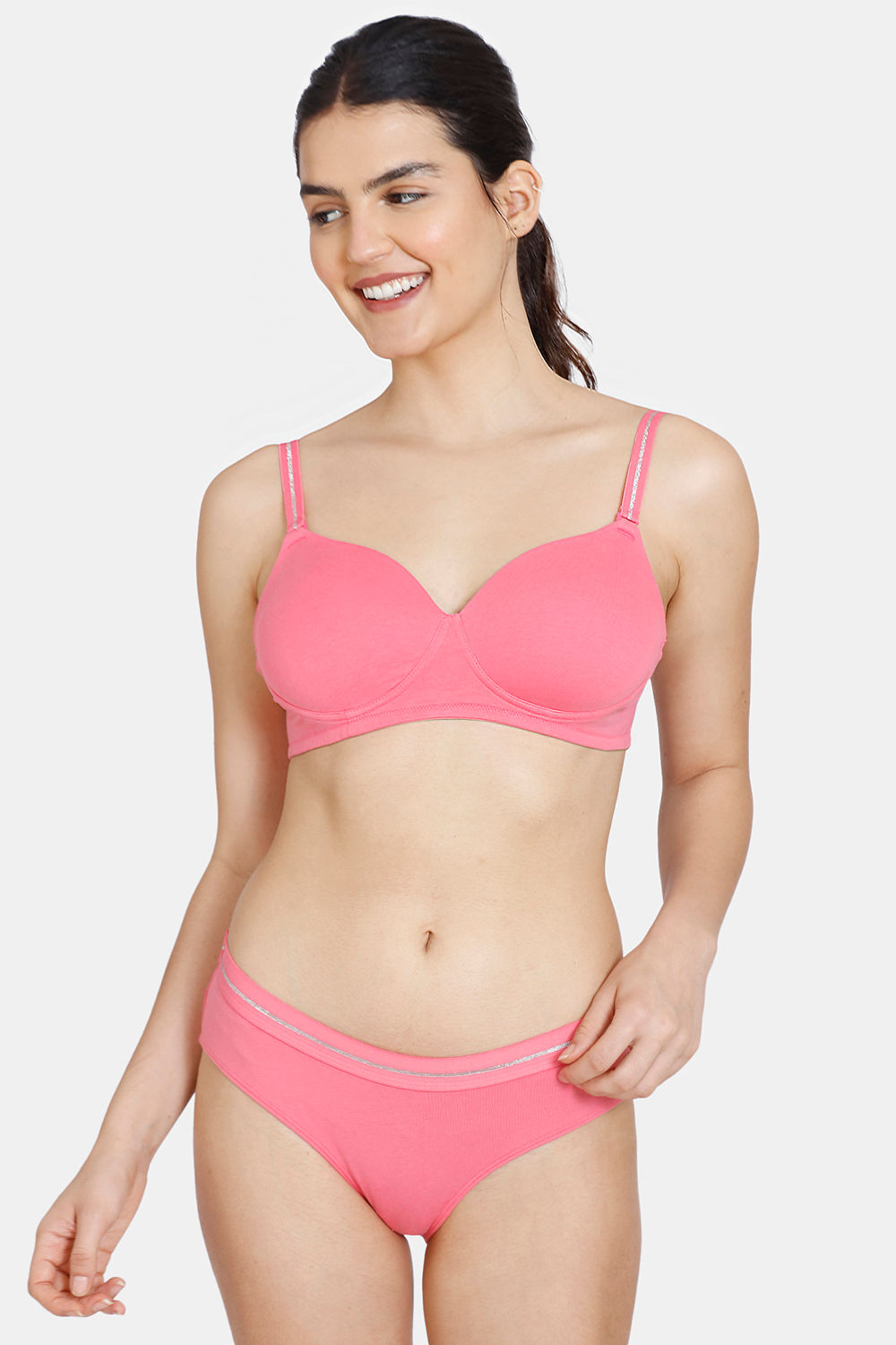 Buy Zivame Dancing Queen Padded Non-Wired 3/4Th Coverage Ultra Low Back T-Shirt Bra With Hipster Panty - Pink Lemonade