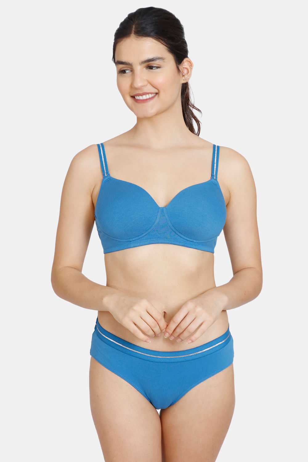 Buy Zivame Dancing Queen Padded Non-Wired 3/4Th Coverage Ultra Low Back T-Shirt Bra With Hipster Panty - Vallarta Blue