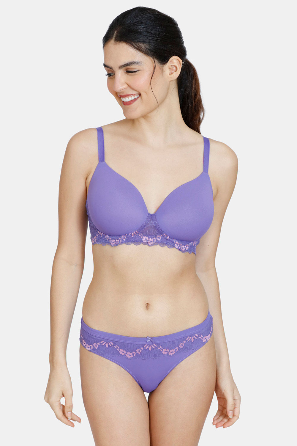 Zivame Ruby Spark Padded Non-Wired 3/4Th Coverage T-Shirt Bra With Bikini  Panty - Purple Corallites