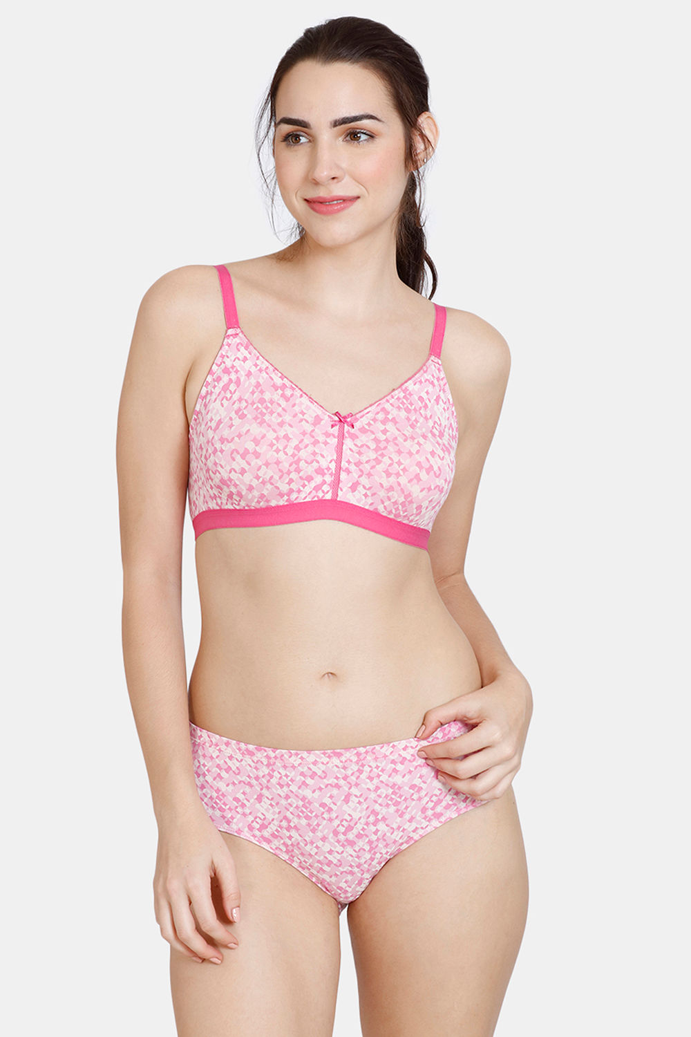 Buy Zivame Mosaic Valley Double Layered Non Wired 3/4th Coverage T-Shirt Bra With Hipster Panty - Pink Print