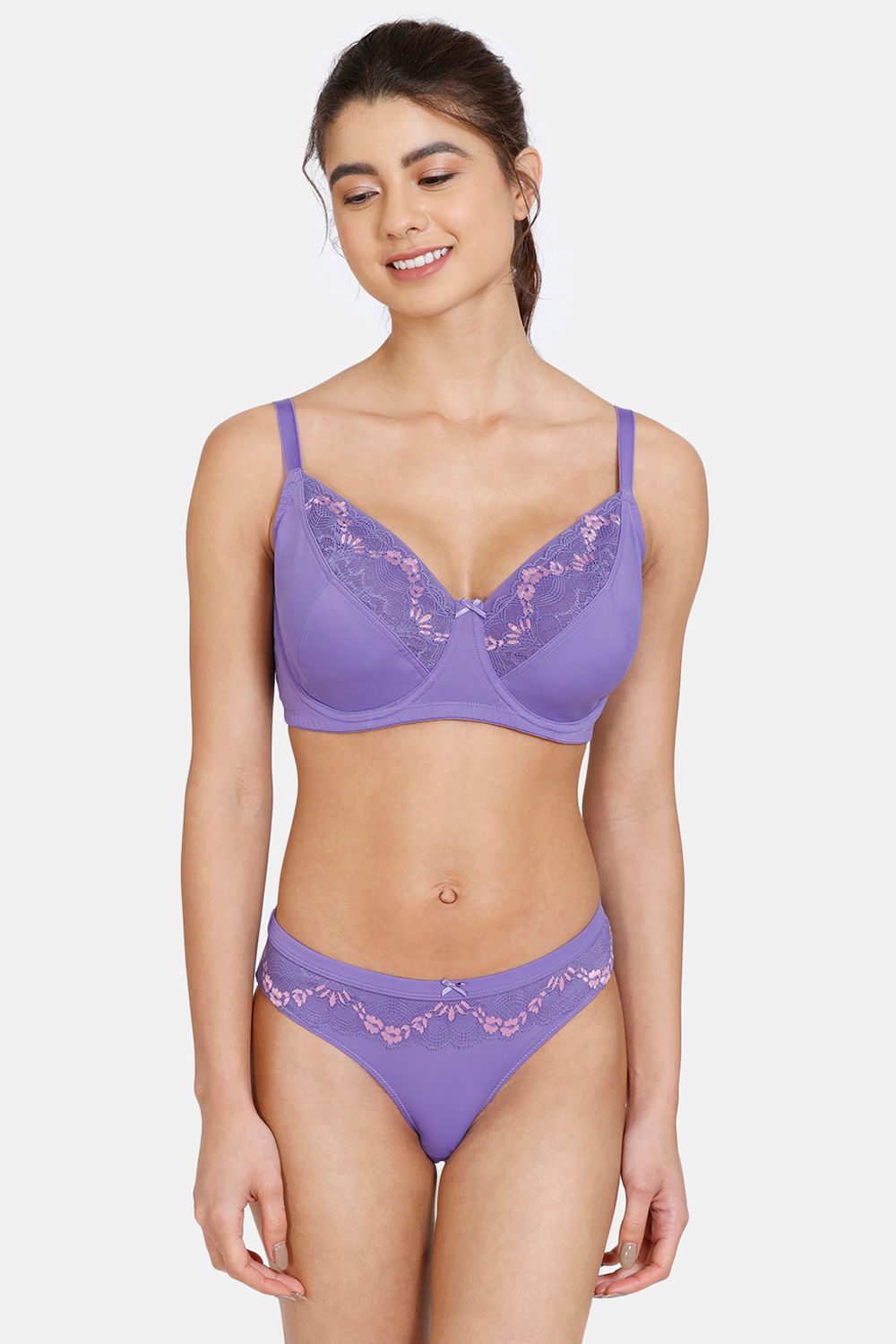 Zivame Ruby Spark Single Layered Wired Full Coverage Super Support Bra With  Bikini Panty - Purple Corallites