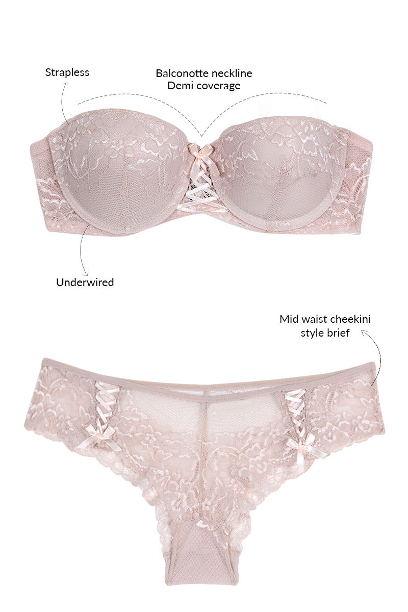 Buy Zivame All That Lace Moderate Pushup Strapless Bra Wih Low Rise Cheeky  Panty-Beige at Rs.1440 online