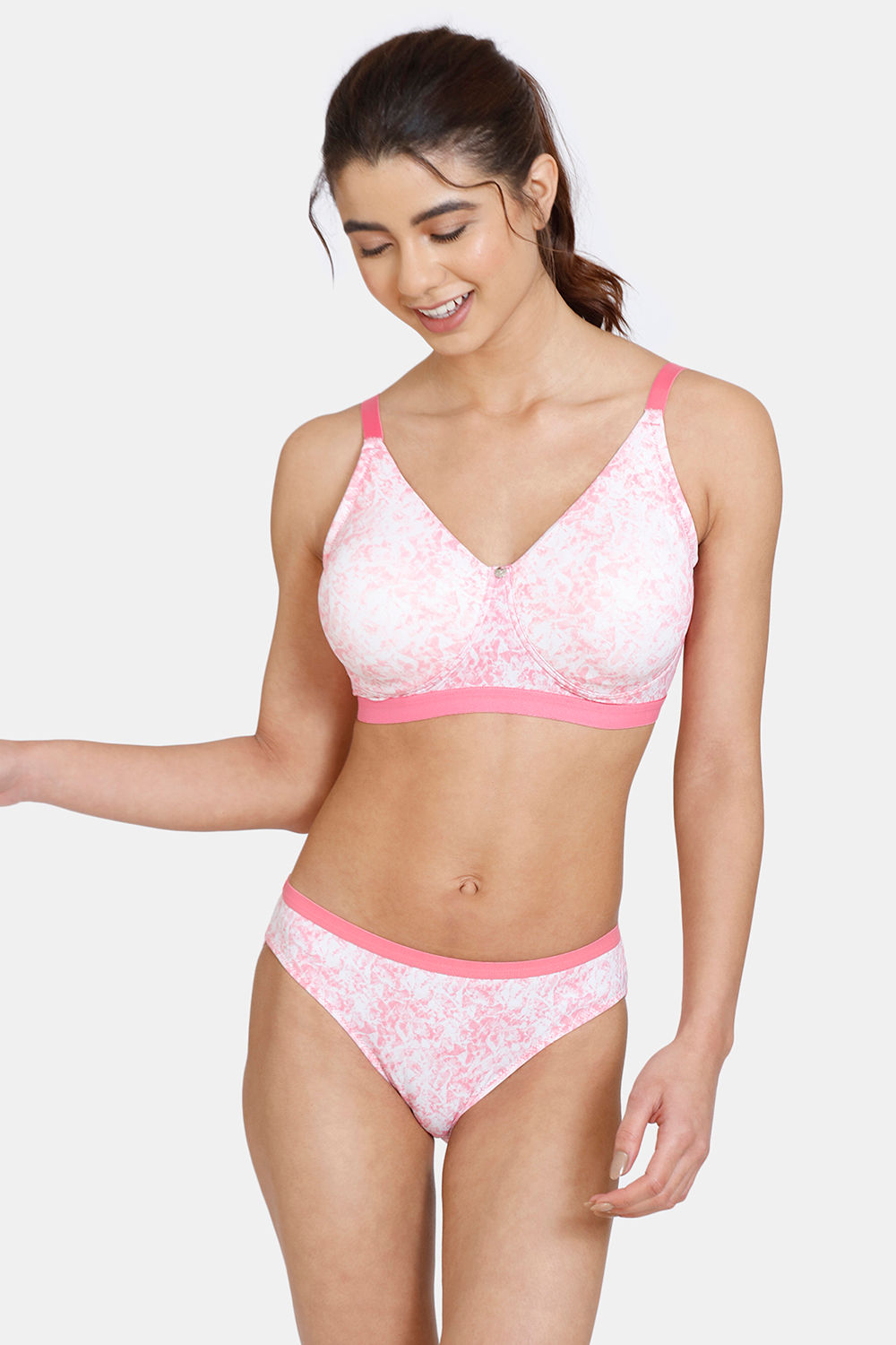 Buy Zivame Mio Amore Double Layered Padded Non-Wired Full Coverage Super Support Bra With Bikini Panty - Pink Print