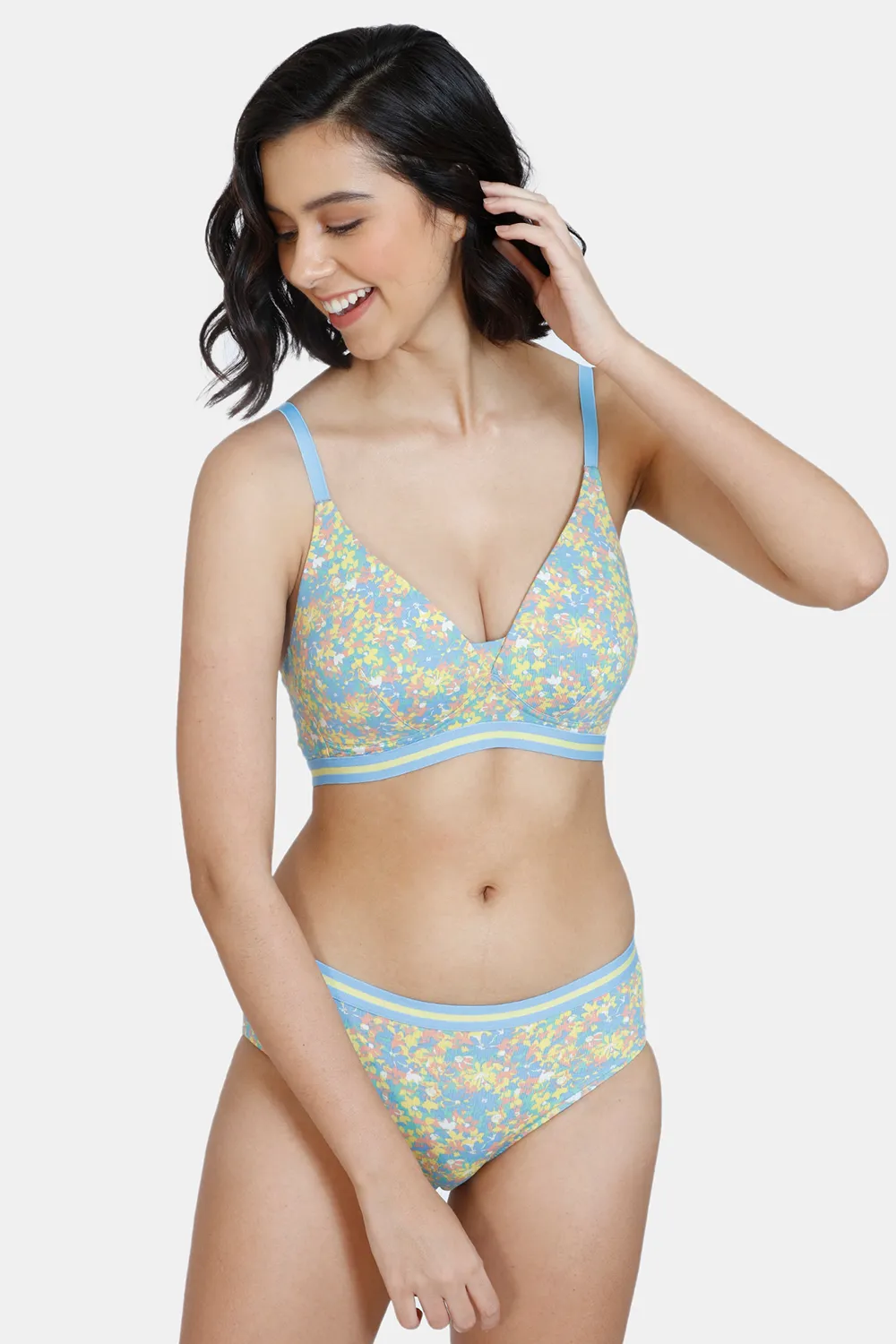 Buy Zivame Vivacious Padded Non-Wired 3/4th Coverage T-Shirt Bra With Hipster  Panty - Blue Print at Rs.1544 online