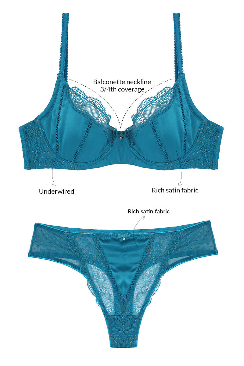 Zivame Satin Balconette Bra with Mid Rise Thong Panty- Mermaid Blue