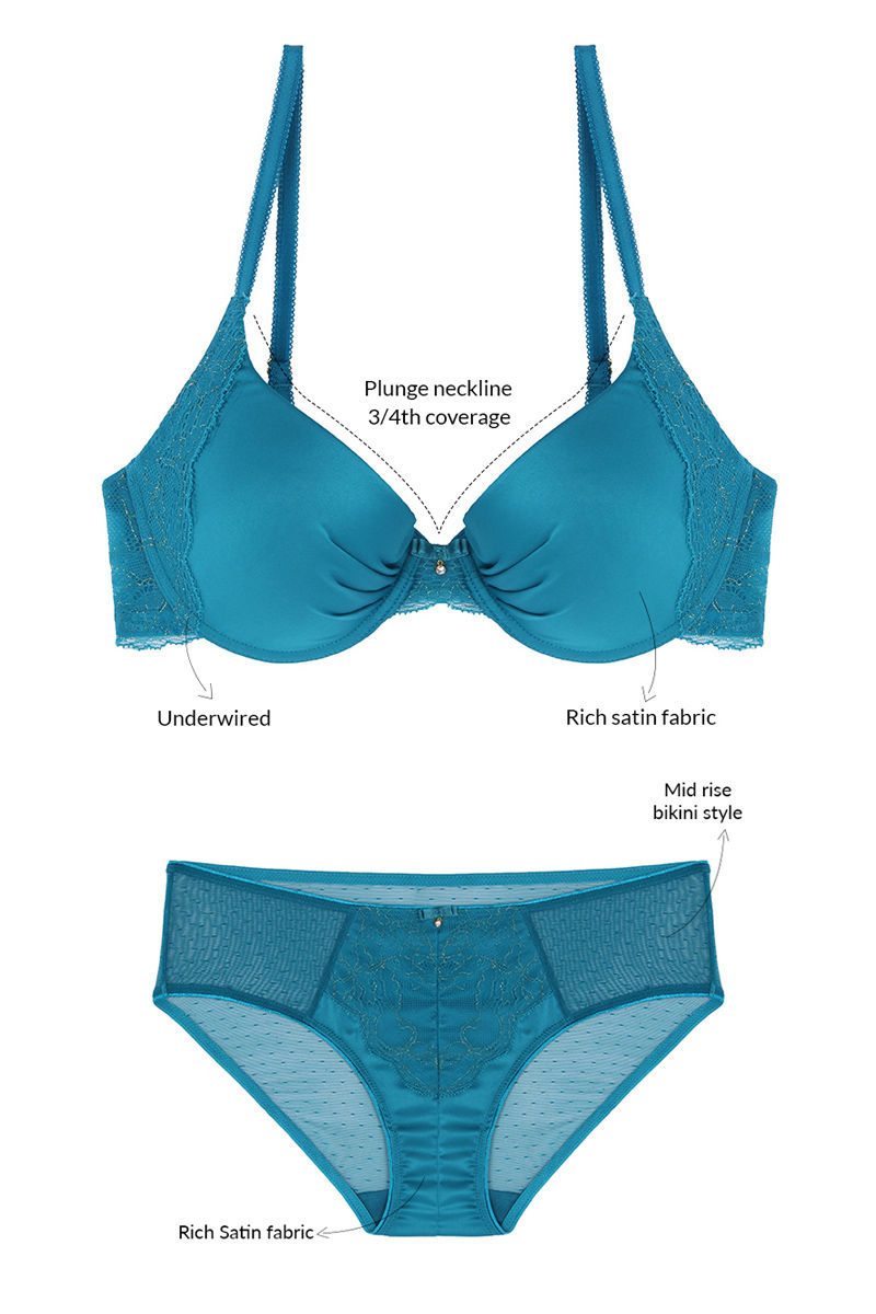 Buy Zivame Satin Extreme Low Back Bra with Mid Rise Bikini Panty- Mermaid  Blue at Rs.1990 online