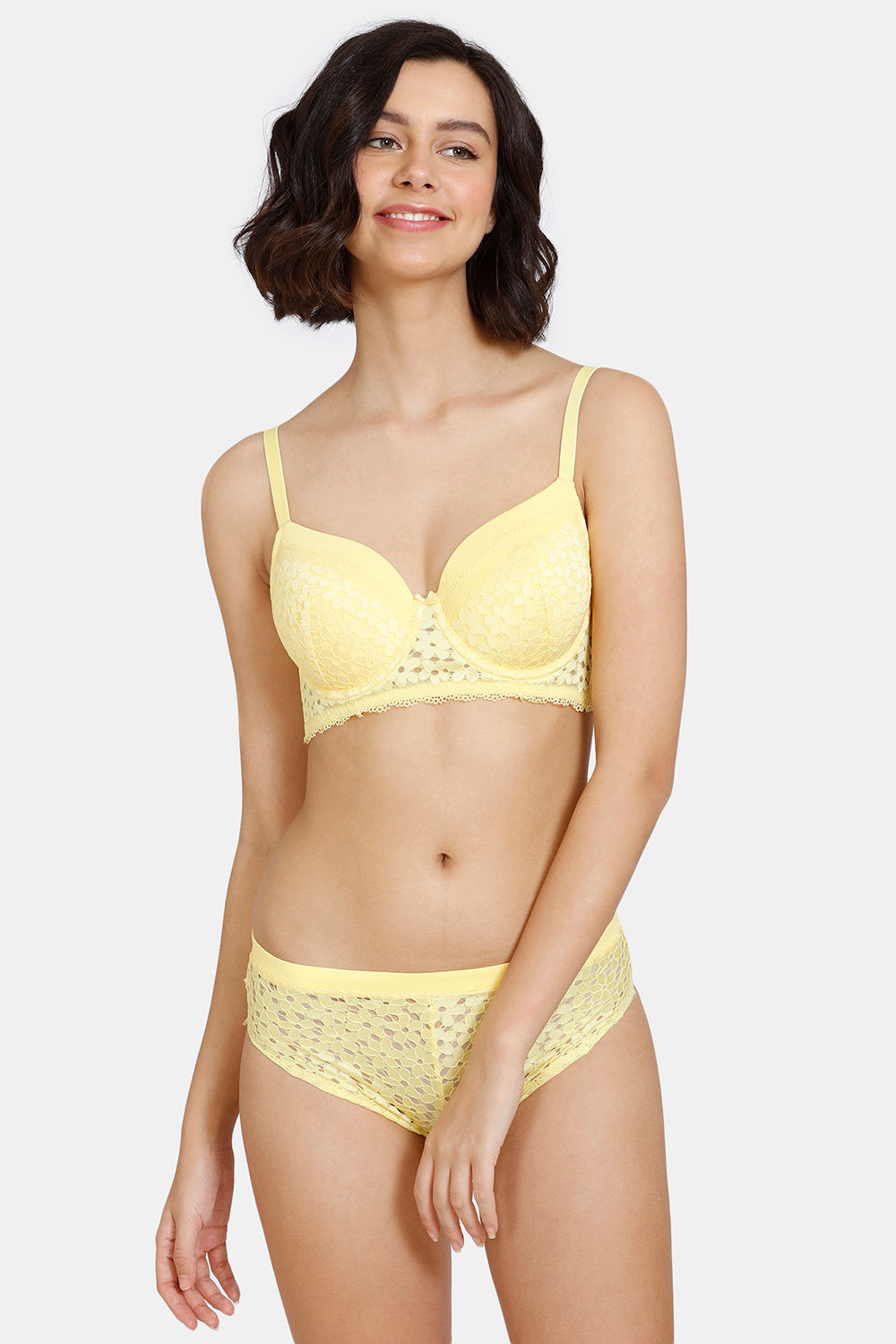 Buy Zivame Serenade Padded Wired 3/4th Coverage Lace Bra With Hipster Panty - Sunshine