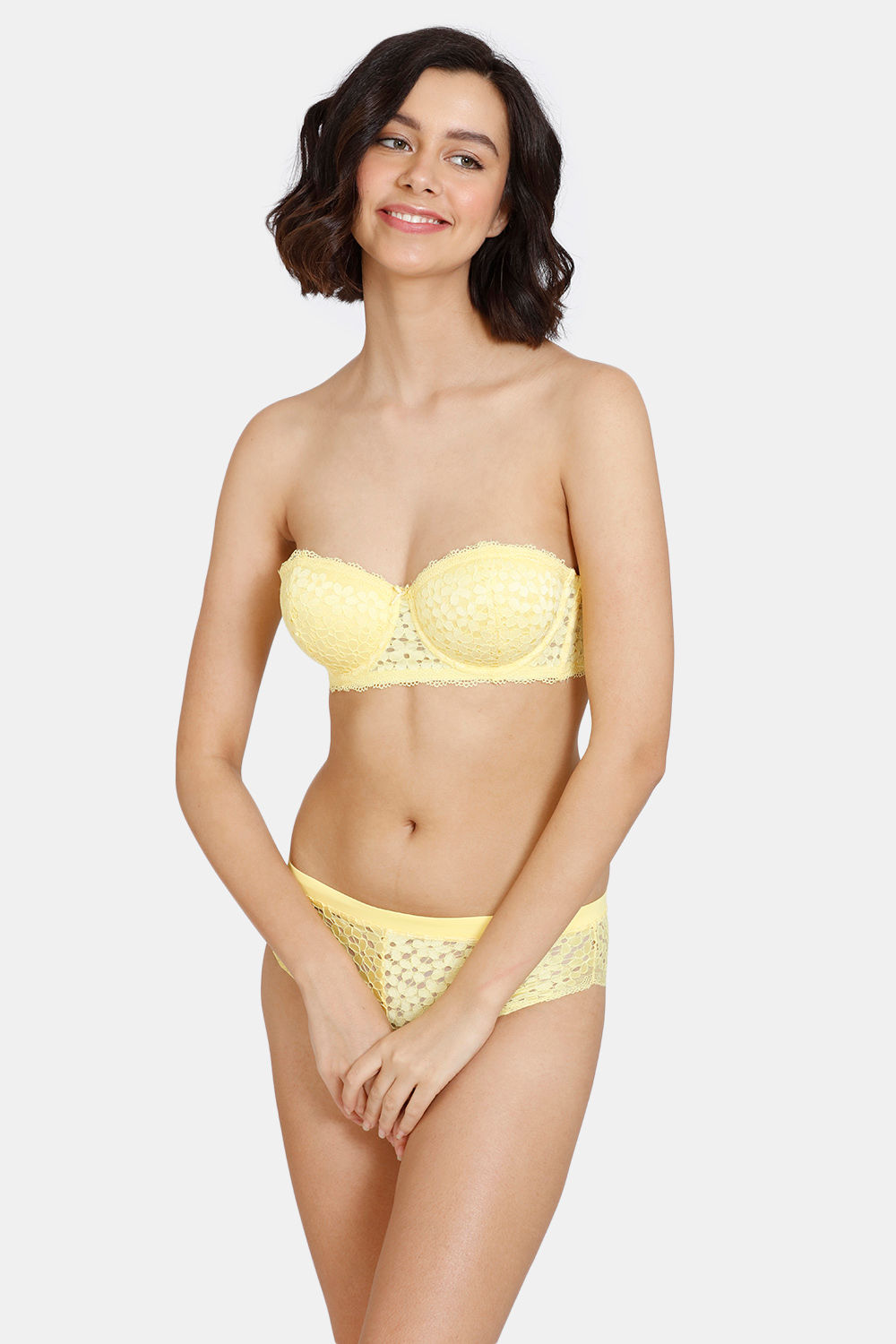 Buy Zivame Serenade Padded Wired 3/4th Coverage Strapless Bra With Hipster Panty - Sunshine