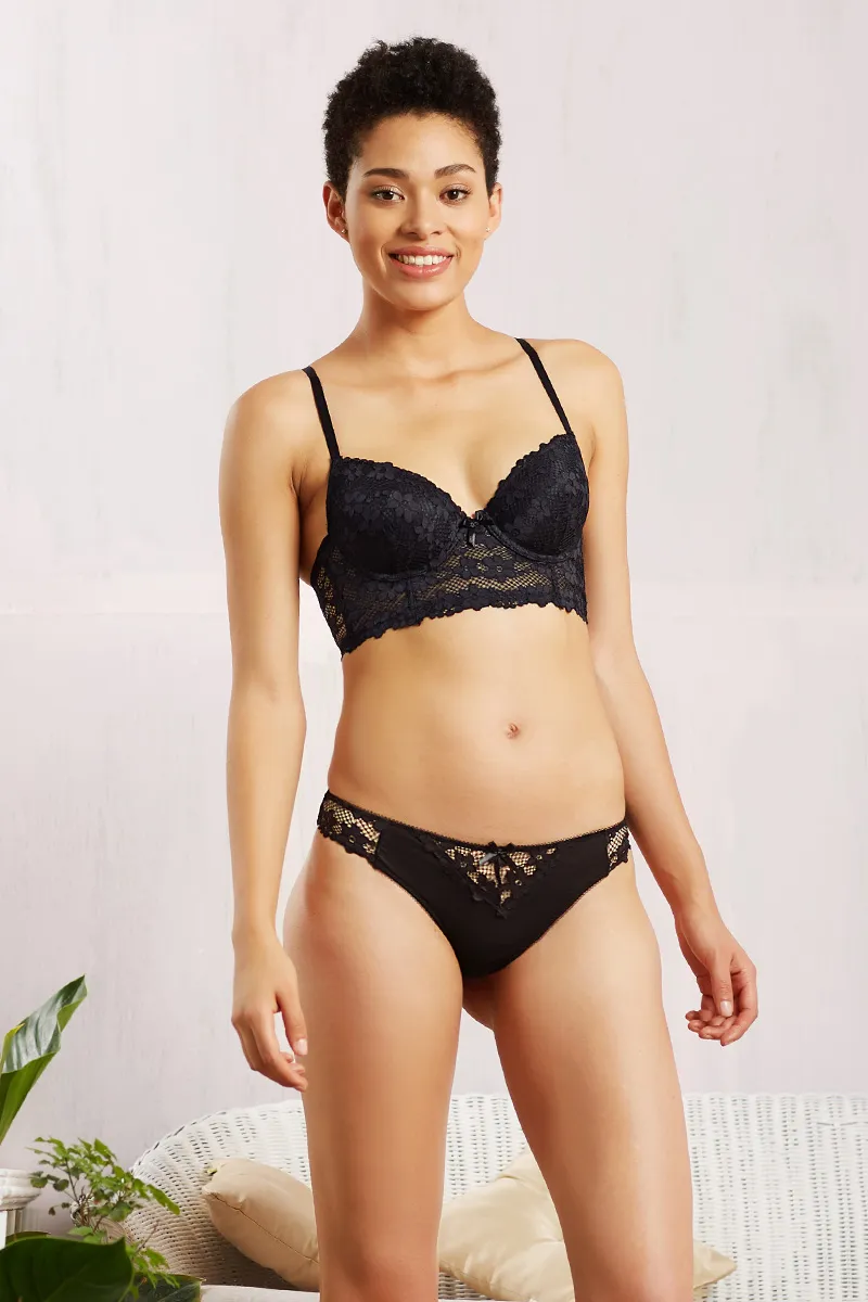 Buy Padded Wired Longline Bra with Thong Panty-Black, Summer