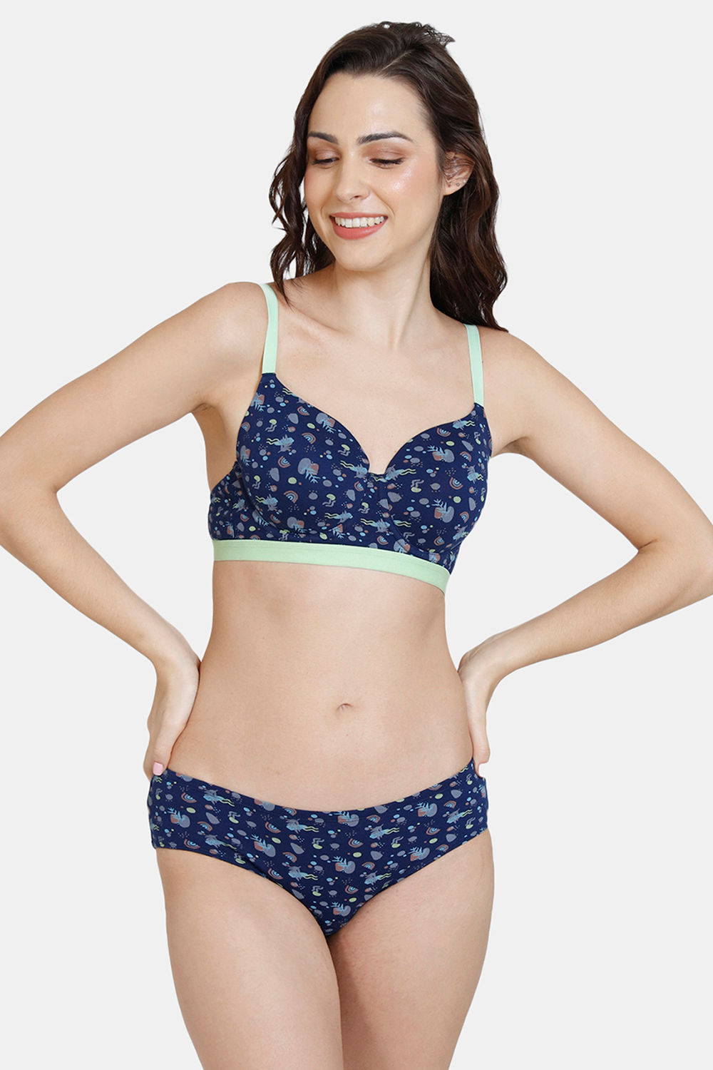 Zivame Vivacious Padded Wired 3/4th Coverage T-Shirt Bra With Hipster Panty  - Blue Print