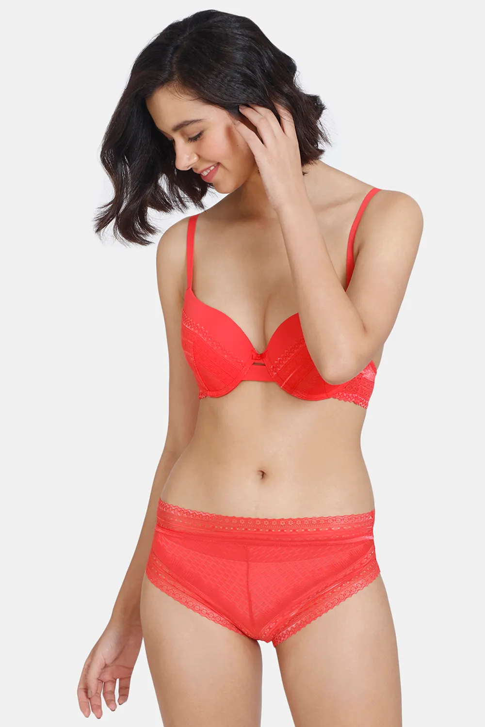 Buy Zivame Heartstopper Push-Up Wired 3/4th Coverage Bra With Hipster Panty - Hibiscus
