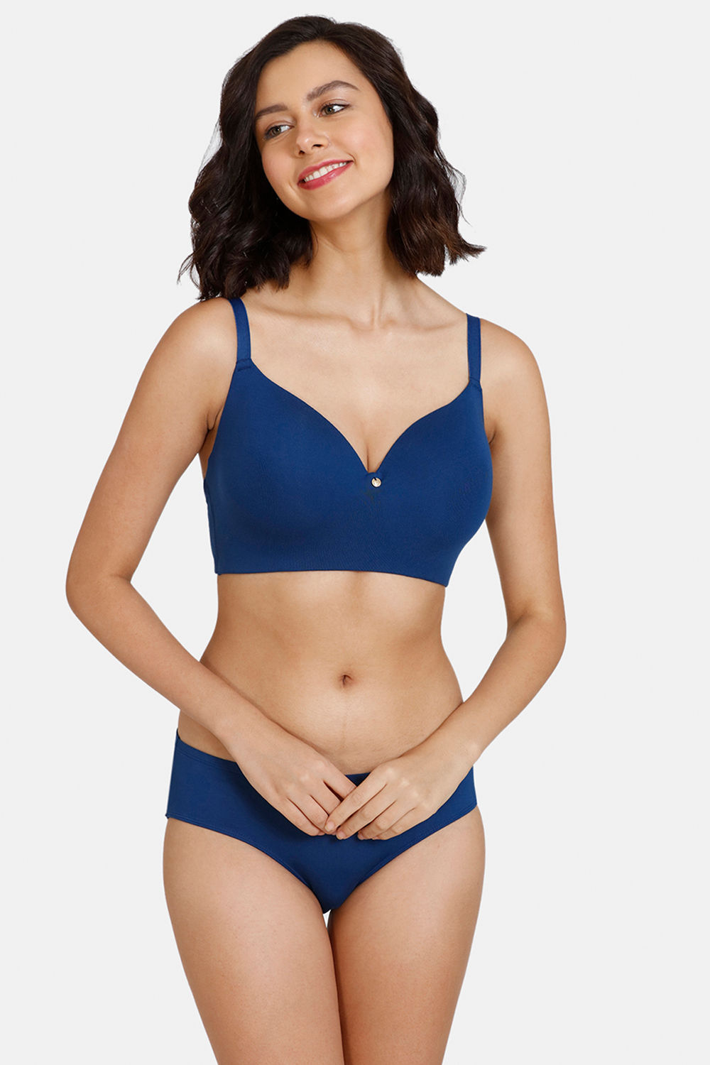 Buy Zivame Breeze Padded Non-Wired Full Coverage T-Shirt Bra With Hipster  Panty - Navy Peony at Rs.872 online