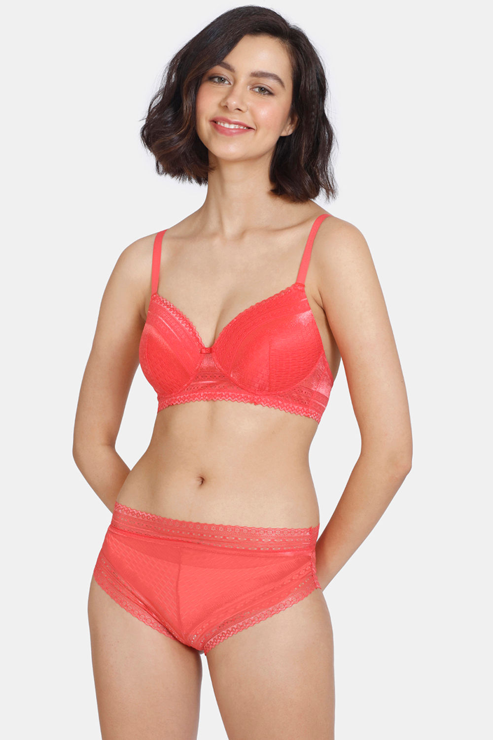Buy Zivame Heartstopper Padded Non-Wired 3/4th Coverage Lace Bra With Hipster Panty - Hibiscus