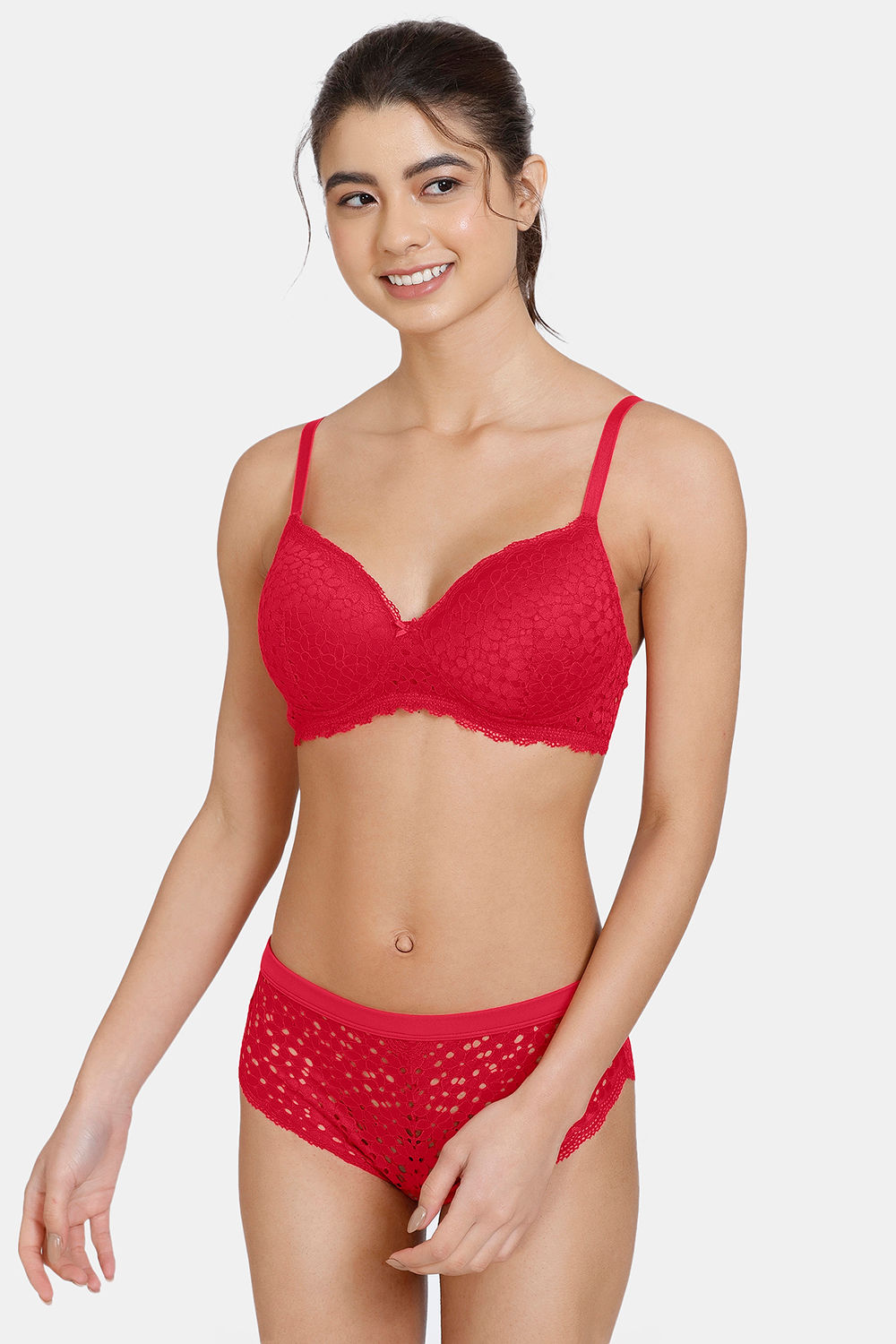 Buy Zivame Serenade Padded Non Wired 3/4th Coverage Lace Bra With Hipster Panty - Ski Patrol