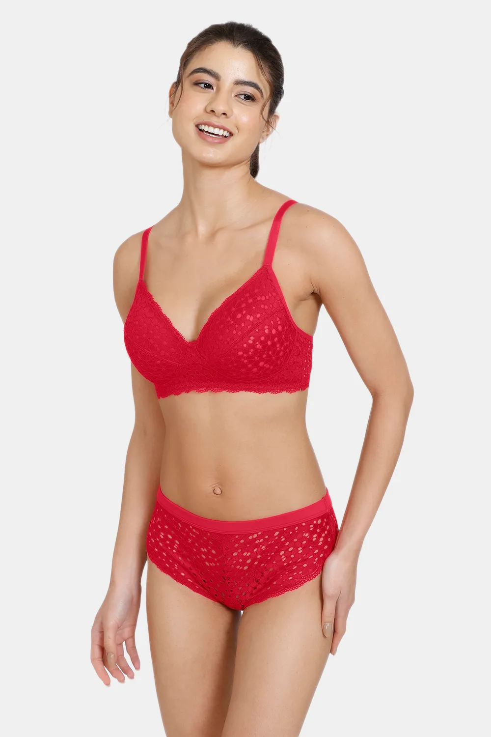 Buy Zivame Serenade Double Layered Non Wired 3/4th Coverage Lace Bra With Hipster Panty - Ski Patrol
