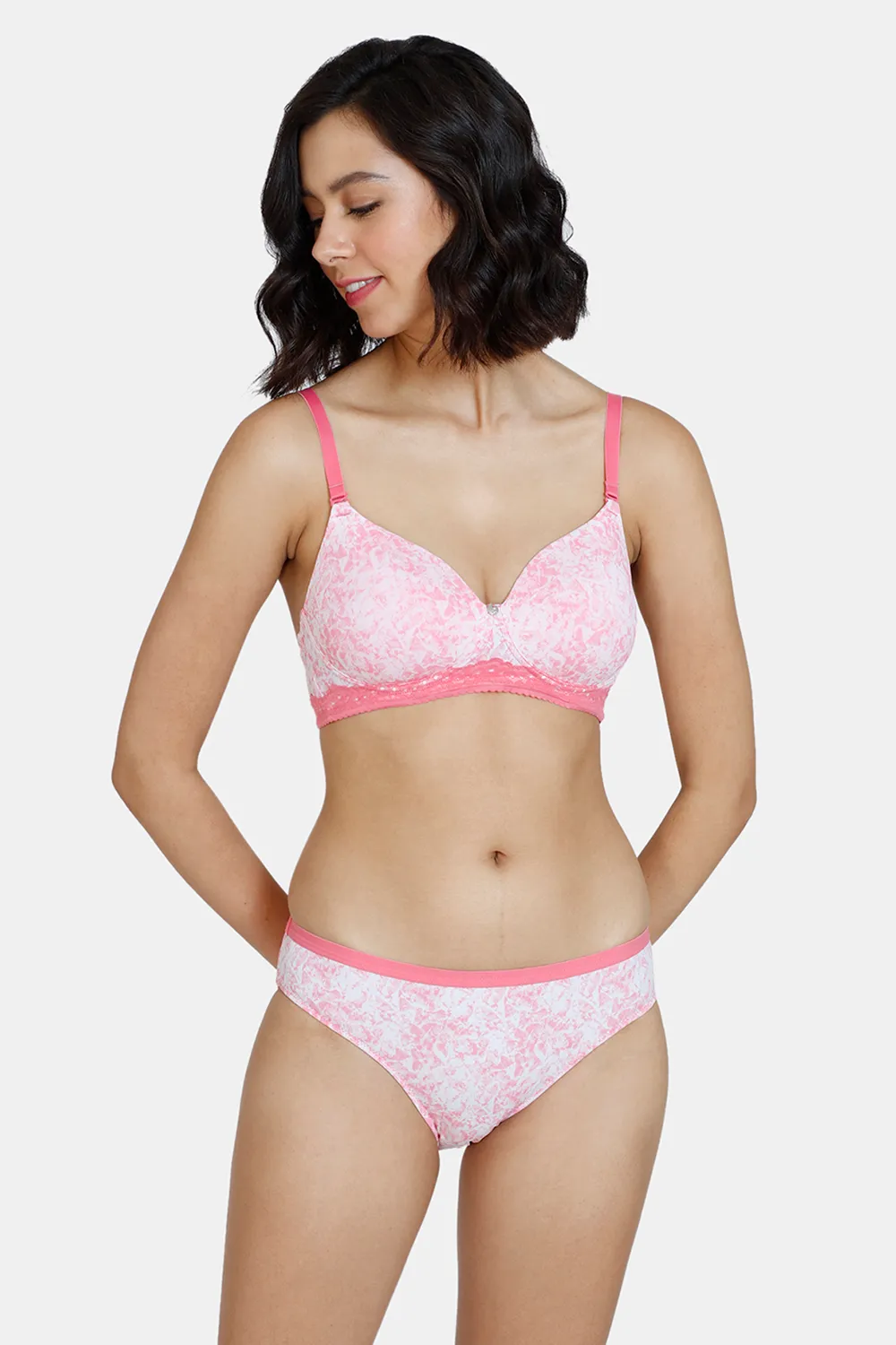 Buy Zivame Mio Amore Padded Non Wired 3/4th Coverage T-Shirt Bra With Bikini Panty - Pink Print