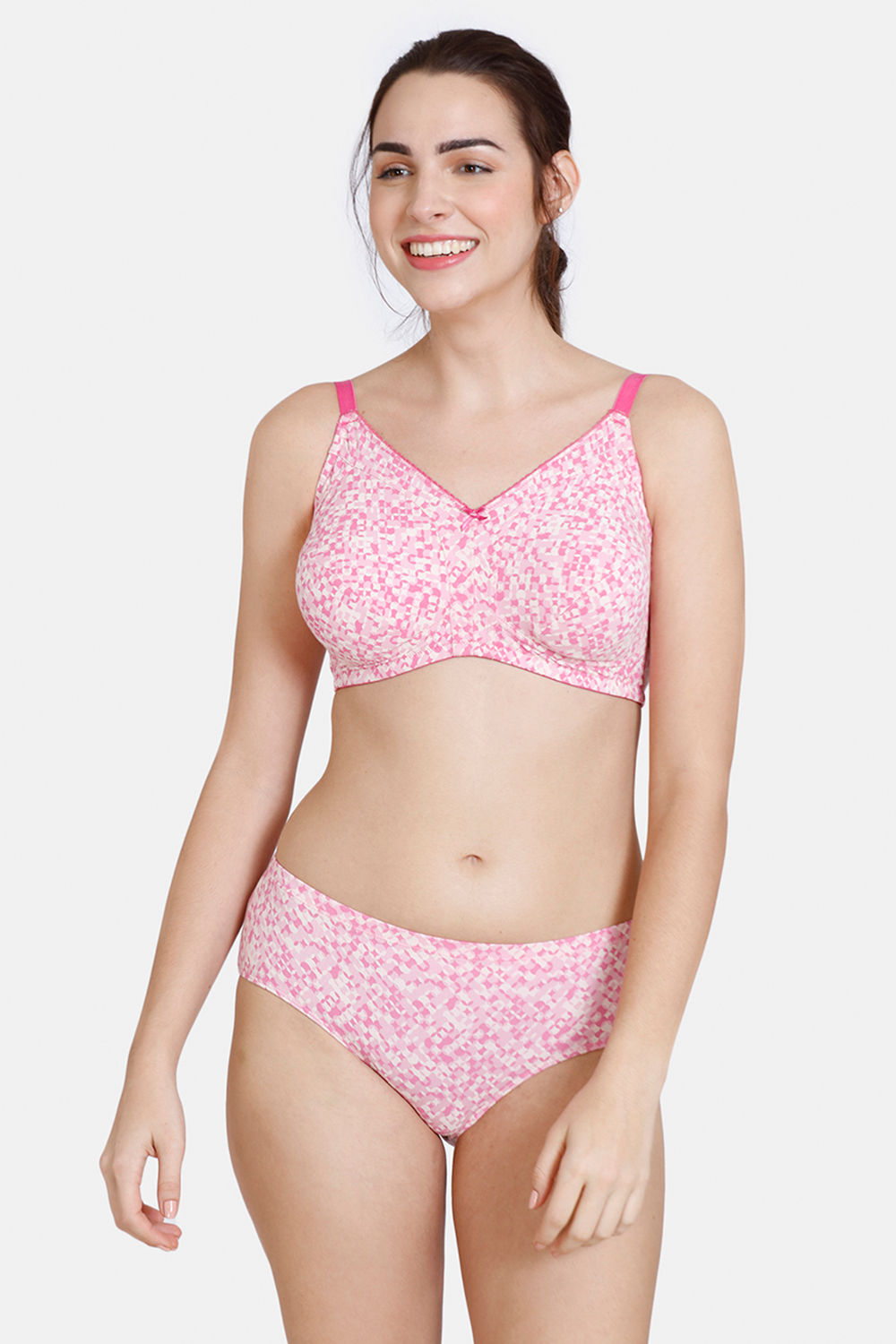 Buy Zivame Mosaic Valley Double Layered Non-Wired 3/4th Coverage Super Support Bra With Hipster Panty - Pink Print