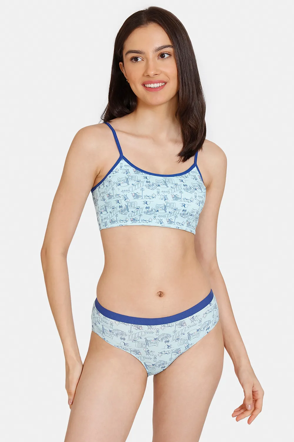 Buy Padded Non-Wired Printed Teen Bra & Mid Waist Hipster Panty in