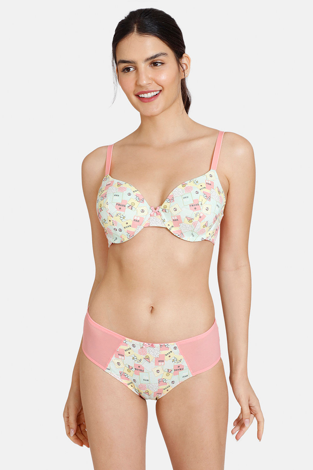 Buy Zivame Comikart Padded Wired 3/4th Coverage T-Shirt Bra With Hipster Panty - Flamingo Pink
