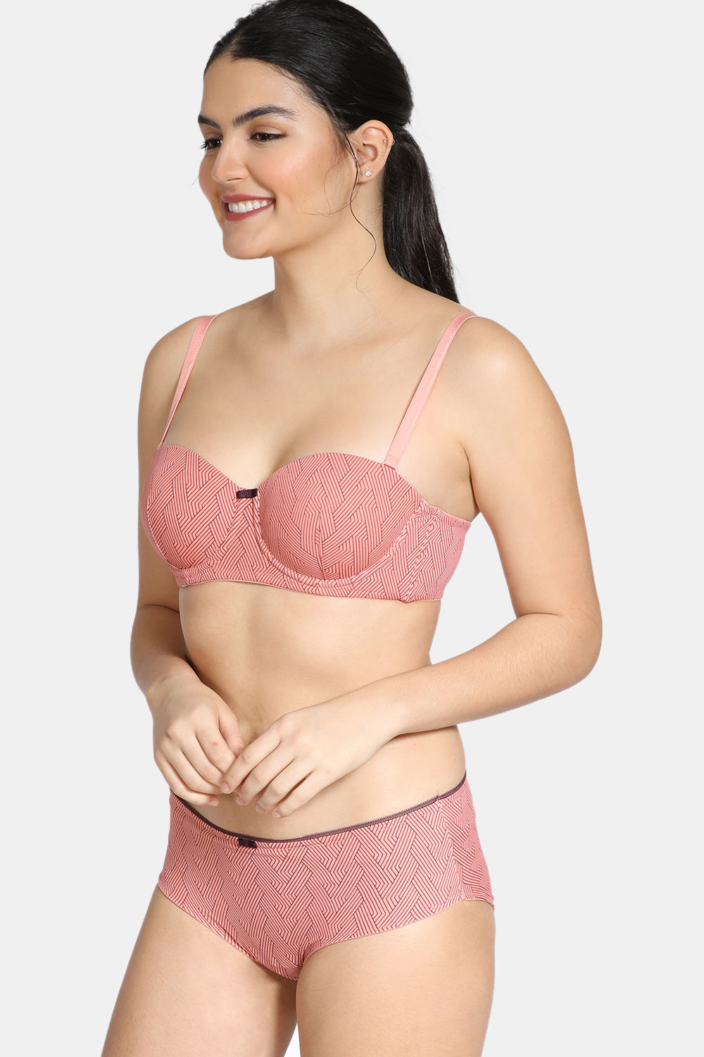 Buy Zivame Knotty Padded Regular 3/4th Coverage T-Shirt Bra With Low Rise Hipster Panty - Lobster Bisque
