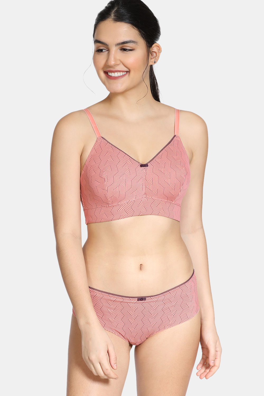 Buy Zivame Knotty Double Layered Non-wired 3/4th Coverage Bralette With Low Rise Hipster Panty - Lobster Bisque