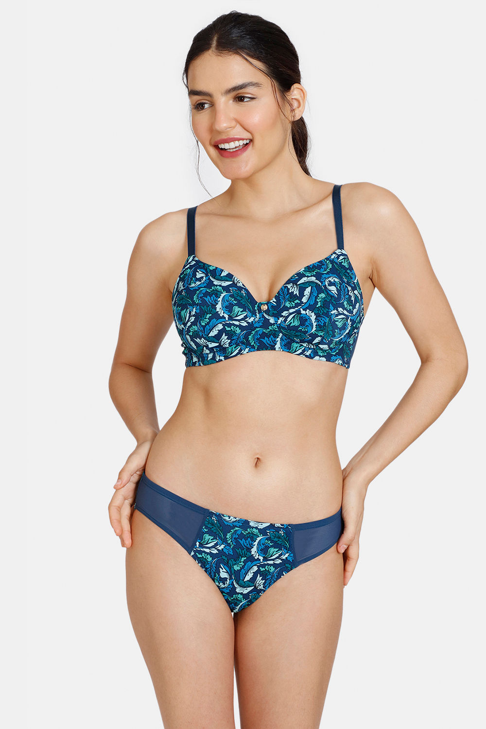 Buy Zivame Dual Toned Strapless T Shirt Bra With Low Rise Bikini Panty-Blue  at Rs.1390 online