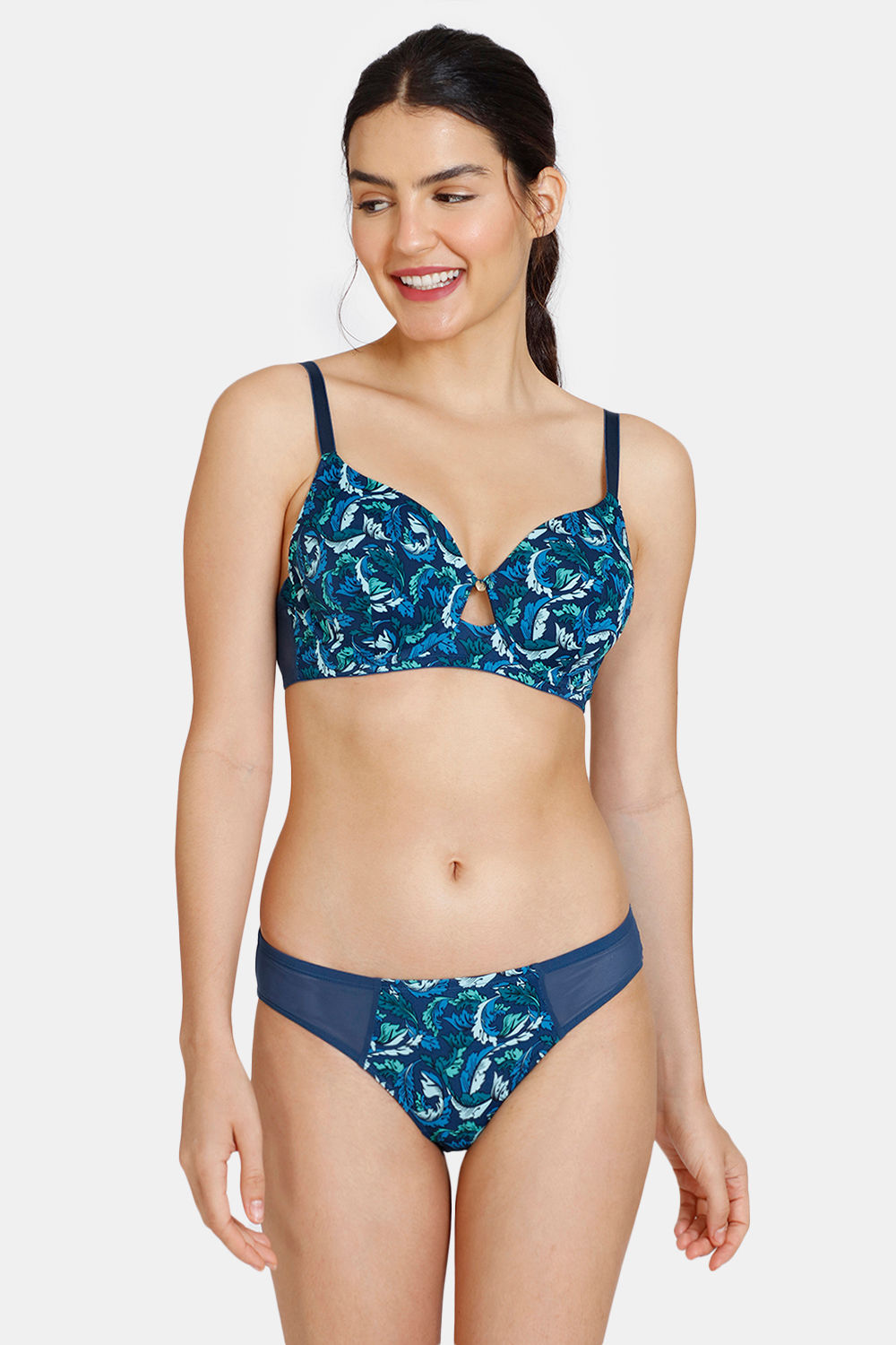 Buy Zivame Mio Amore Double Layered Regular Wired Full Coverage Super  Support Bra With Bikini Panty - Green Print at Rs.718 online