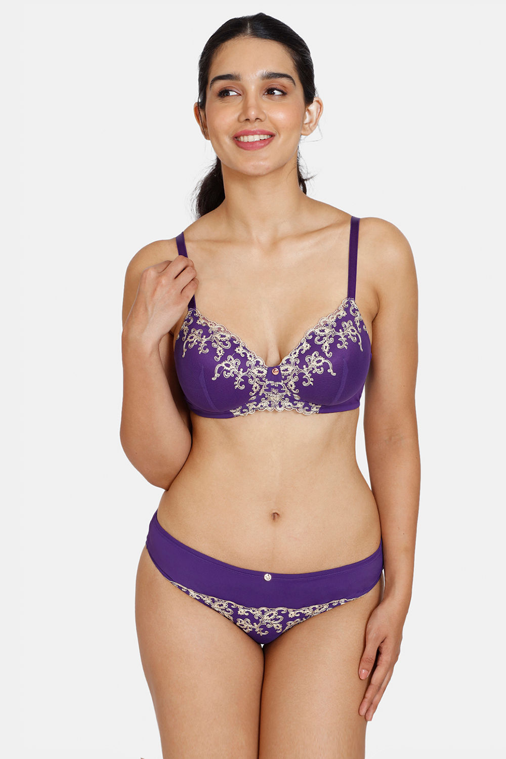 Buy Zivame Desert Rose Padded Non Wired 3/4Th Coverage Lace Bra With Bikini  Panty - Violet Indigo at Rs.986 online