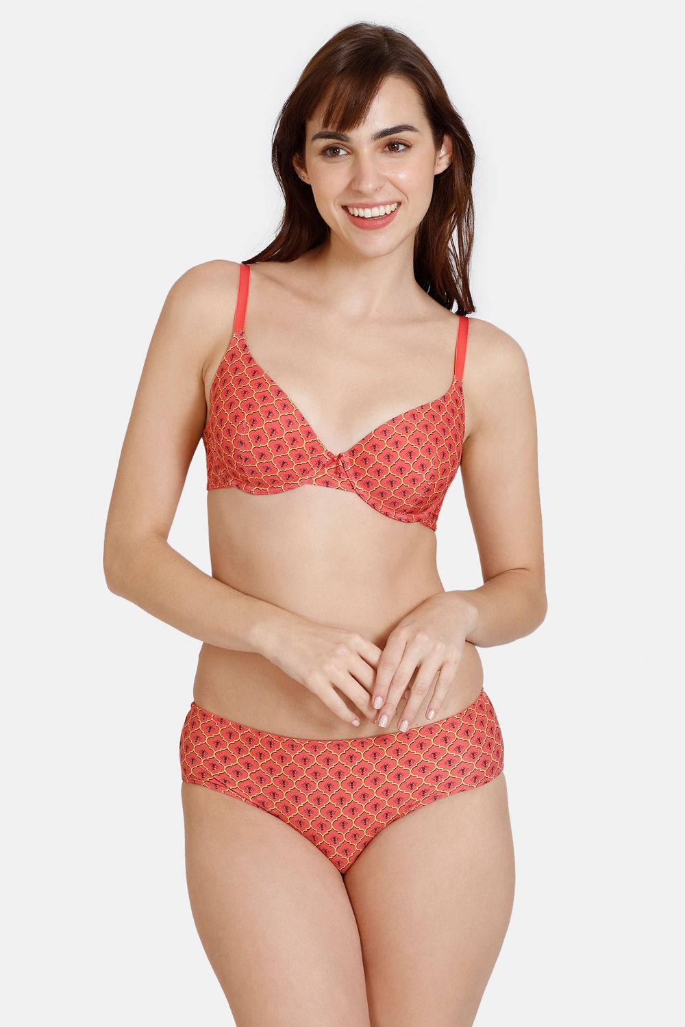 Buy Zivame Zellij Dreams Padded Wired Medium Coverage T-Shirt Bra With Hipster Panty - Spiced Coral